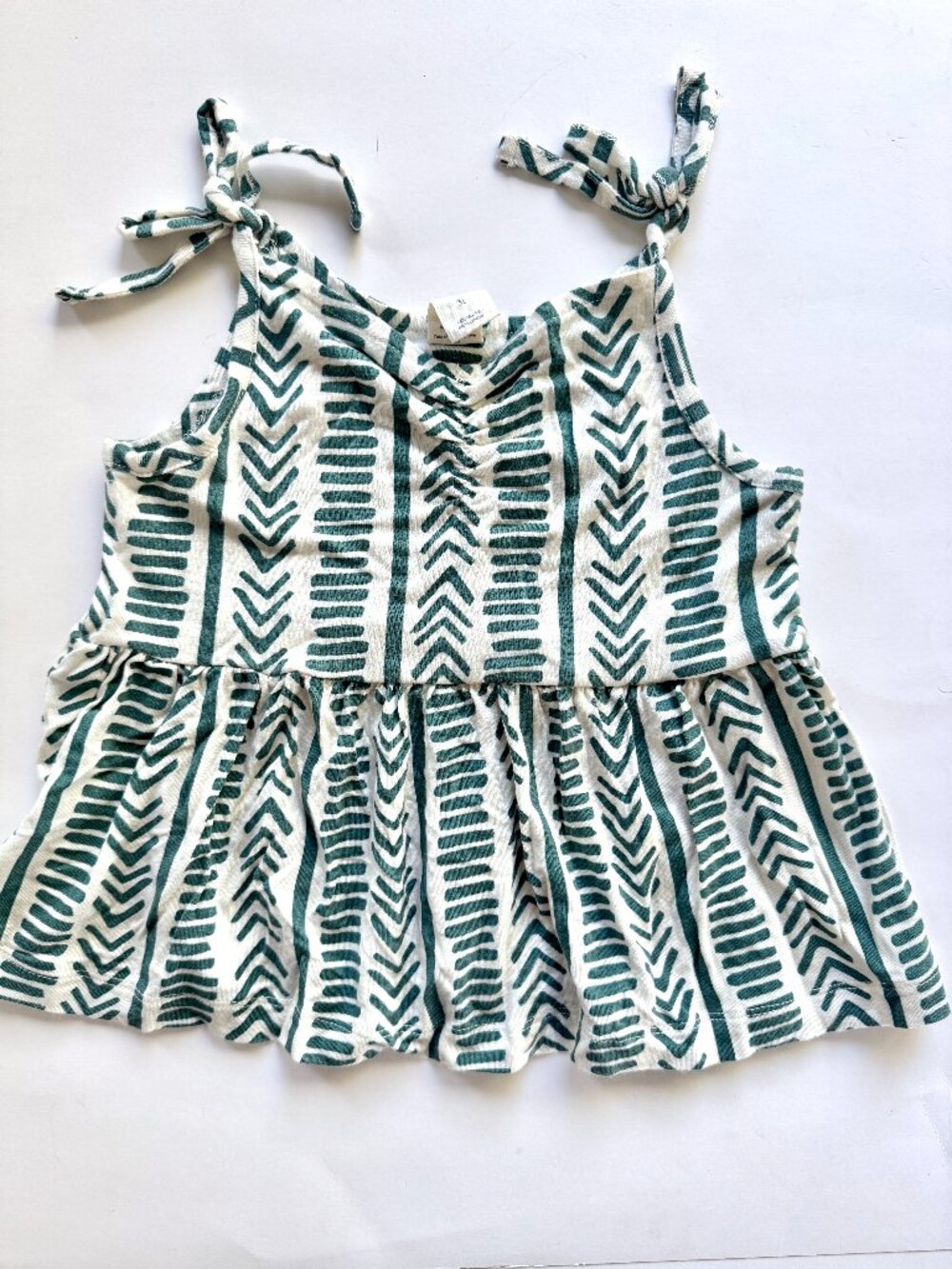 Kate Quinn Mudcloth Print Tie Strap Peplum Top Green 3T
